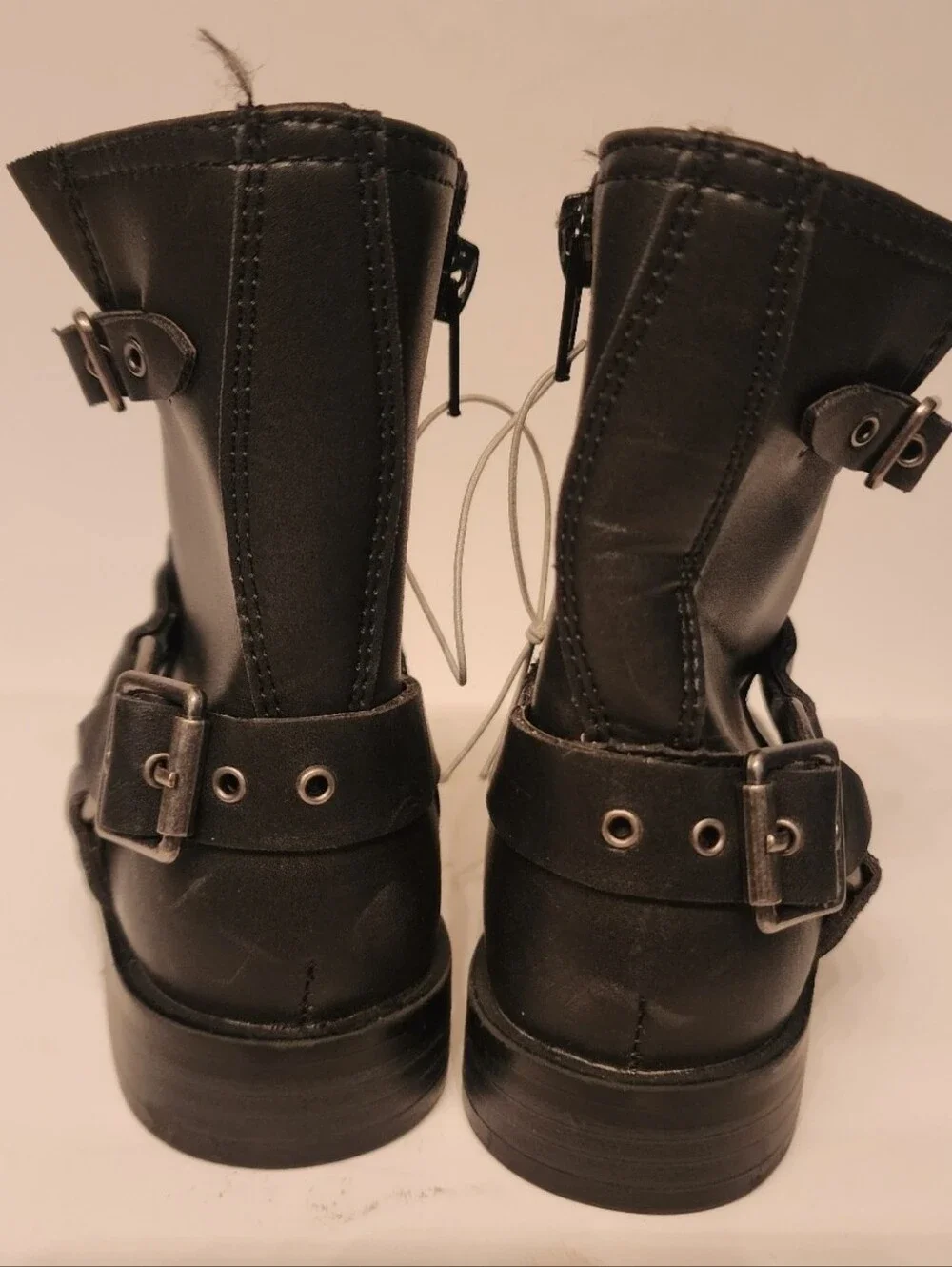STEVE Madden Beckky Black Faux Leather Harness Moto Biker Boots Size 9